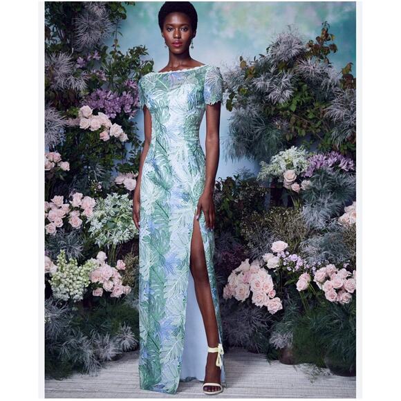 Marchesa Mint Lace Gown Leaf Embroidered Column Guipure Dress Sz 6 Side Slit - Picture 2 of 8